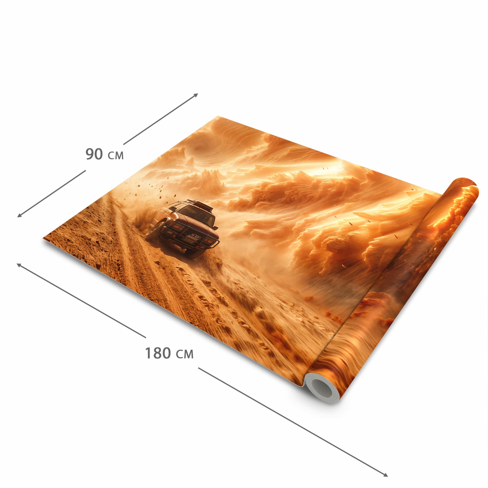 Strapazierfähiger waschbarer Teppich mit Motiv Sandsturm Jeep Abenteuer in der Grösse 60x90 cm