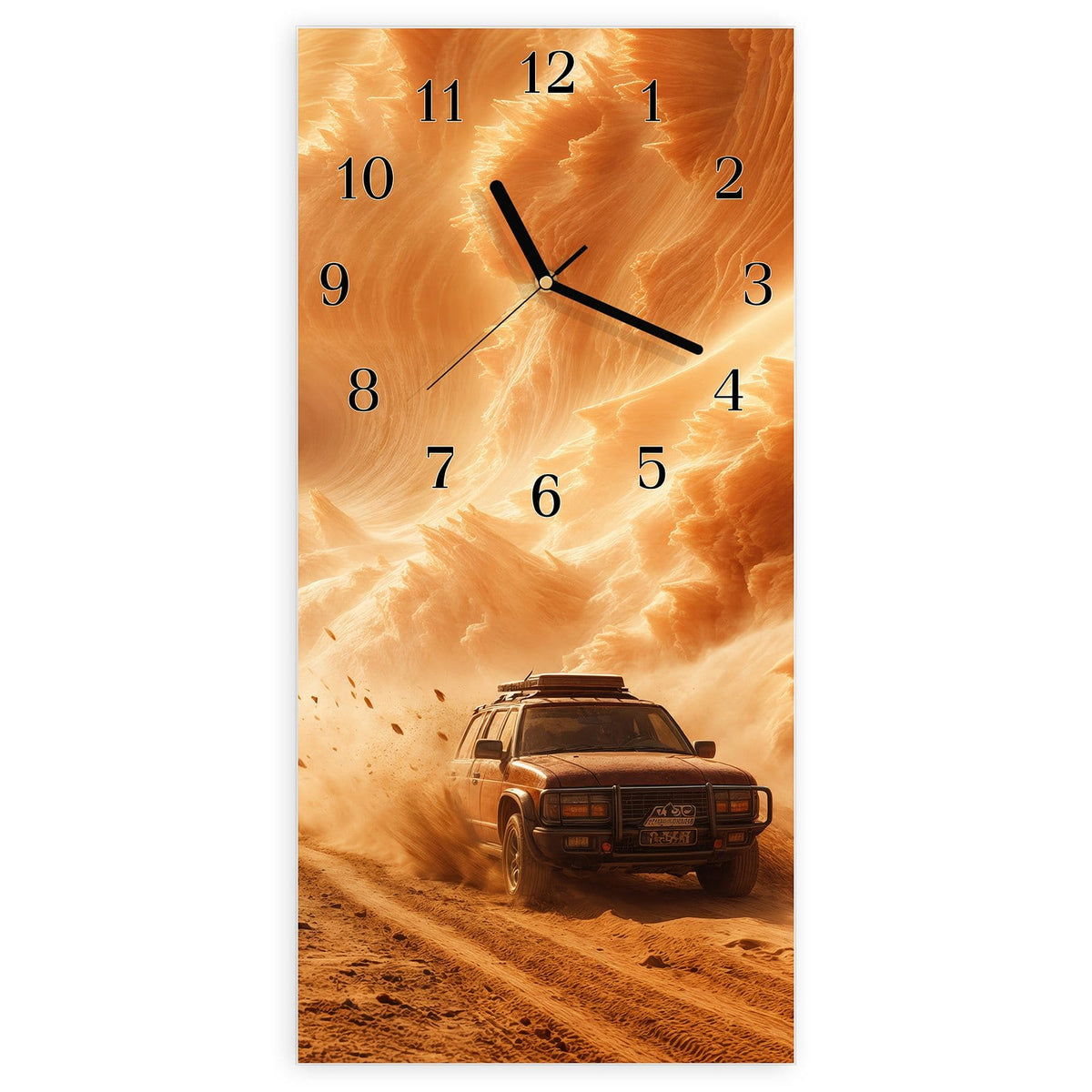 Wanduhr aus Glas, Ziffernblatt Klassisch mit Motiv Auto im Sandsturm: Geländewagen fährt vor einer riesigen orangen Sandsturmwand #ziffernblatt_Klassisch