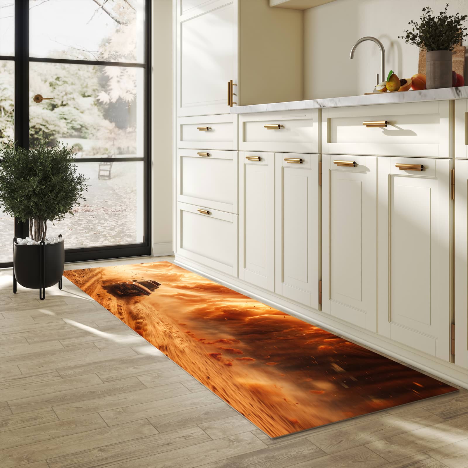 Komfortabler Küchenläufer mit Motiv Sandsturm Jeep Abenteuer in heller Küche