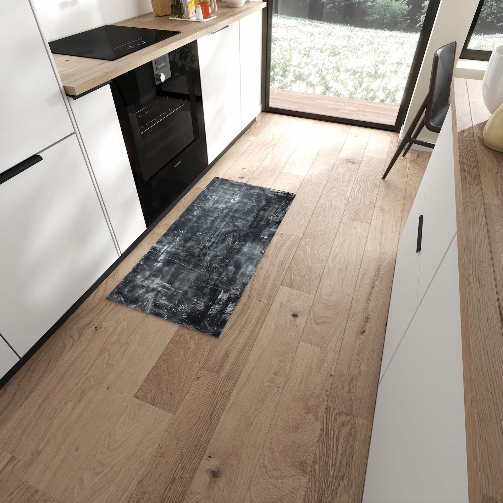 Geruchsneutraler Küchenteppich mit Motiv Abstrakte Strukturen in moderner Küche #grösse_60 x 120 cm