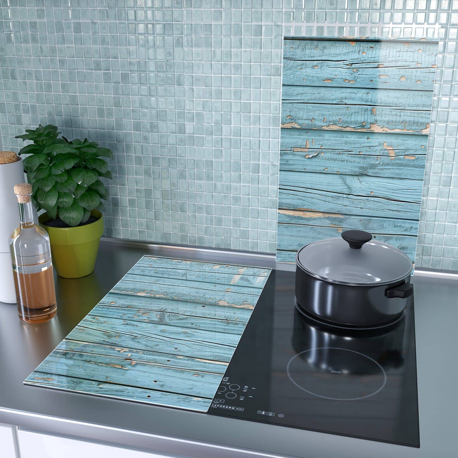 2-teilige Herdabdeckplatte mit Verwittertes Holz-Motiv als Spritzschutz hinter dem Kochfeld