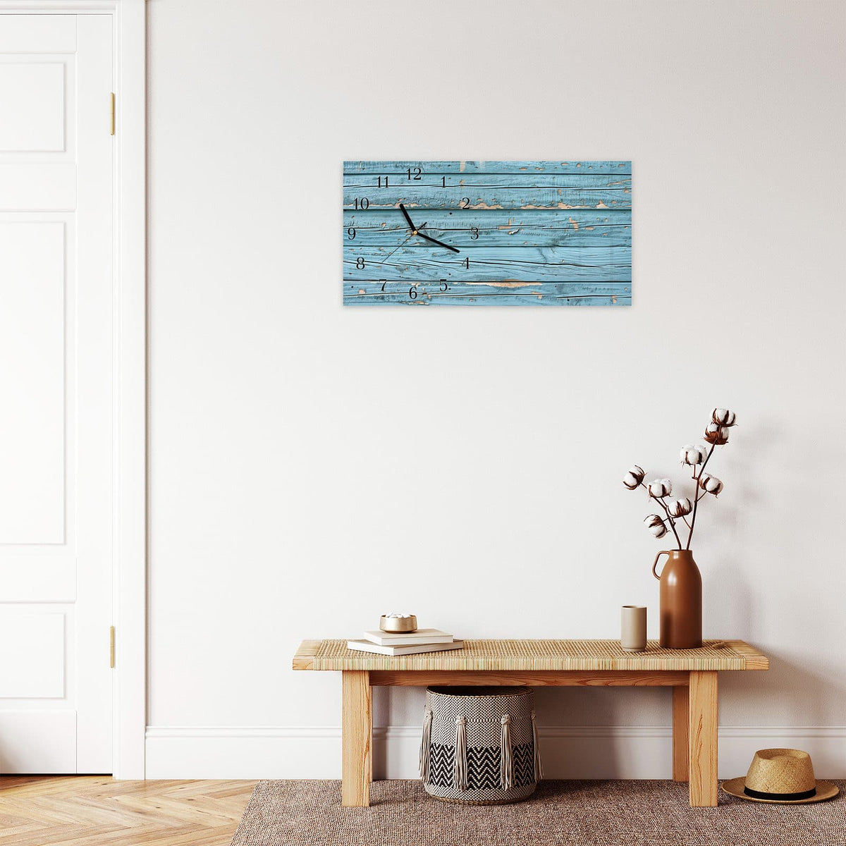 Moderne Wanduhr aus Glas mit Farbtiefe – Wanduhr Gealtertes Holz aus Glas – Querformat 60 × 30 cm