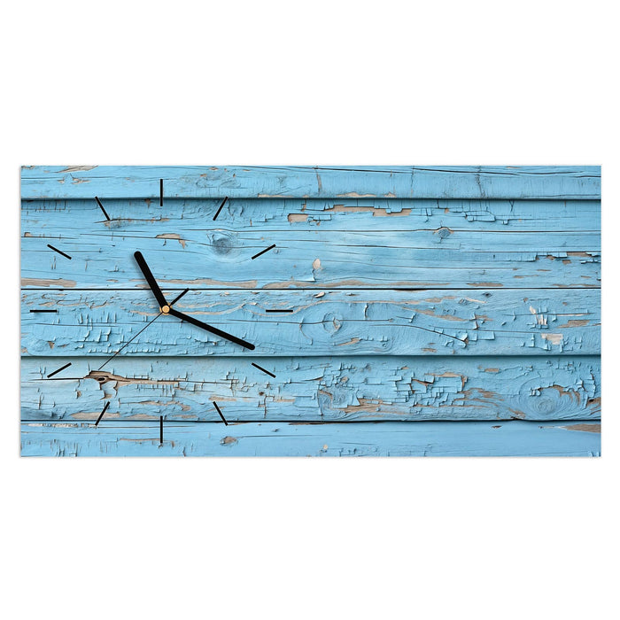 Wanduhr Blaues Vintage-Holz aus Glas – Querformat 60 × 30 cm mit Ziffernblatt Linie