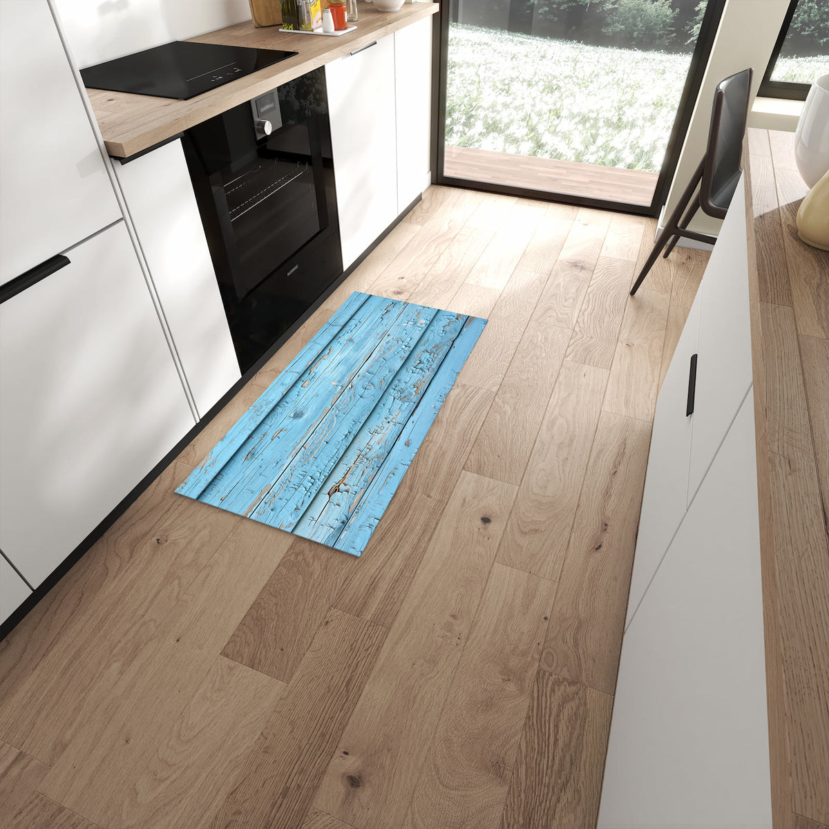 Waschbarer Küchenläufer mit Motiv Altes Holzblau für Ordnung in moderner Küche #grösse_60 x 120 cm