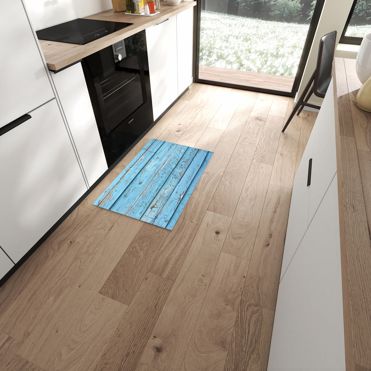 Geräuschdämpfender Küchenläufer mit Motiv Altes Holzblau in moderner Küche