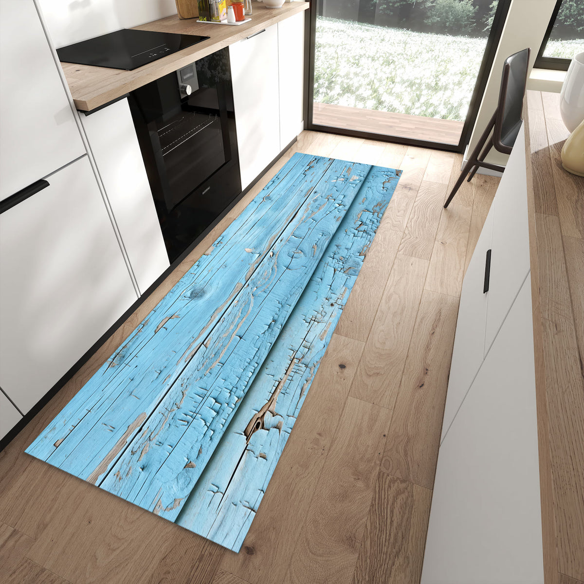 UV-beständiger Küchenläufer mit Motiv Altes Holzblau in moderner Küche - waschbar