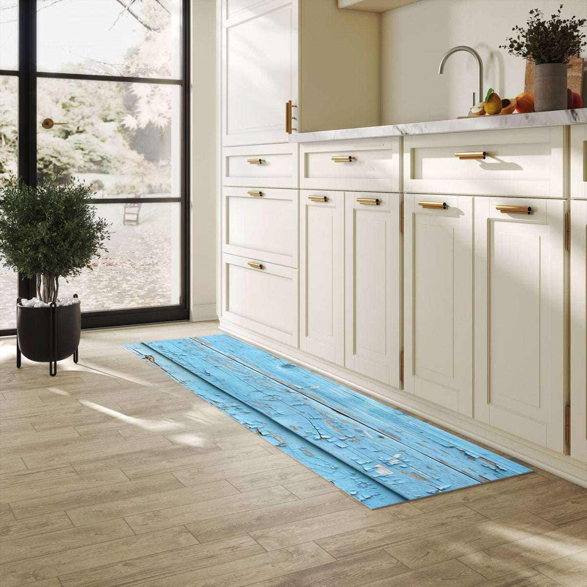 Zeitsparender Läufer Küche mit Motiv Altes Holzblau in heller Küche