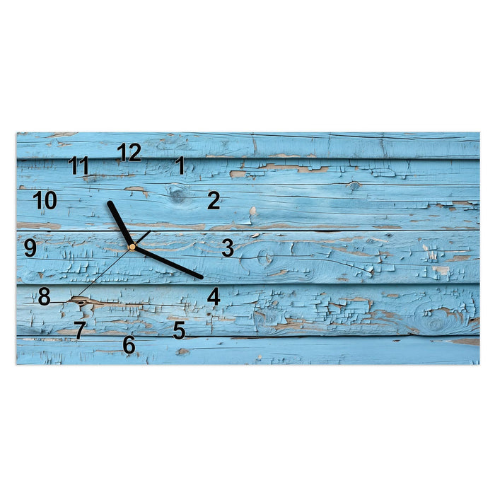 Wanduhr Blaues Vintage-Holz aus Glas – Querformat 60 × 30 cm mit Ziffernblatt Modern