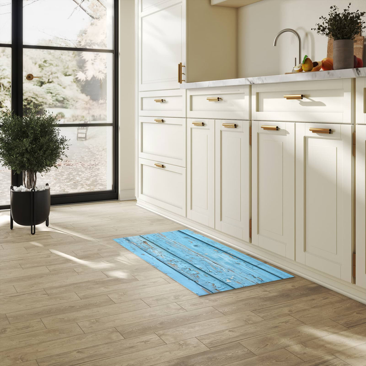 Farbbeständiger Küchenteppich mit Motiv Altes Holzblau in heller Küche