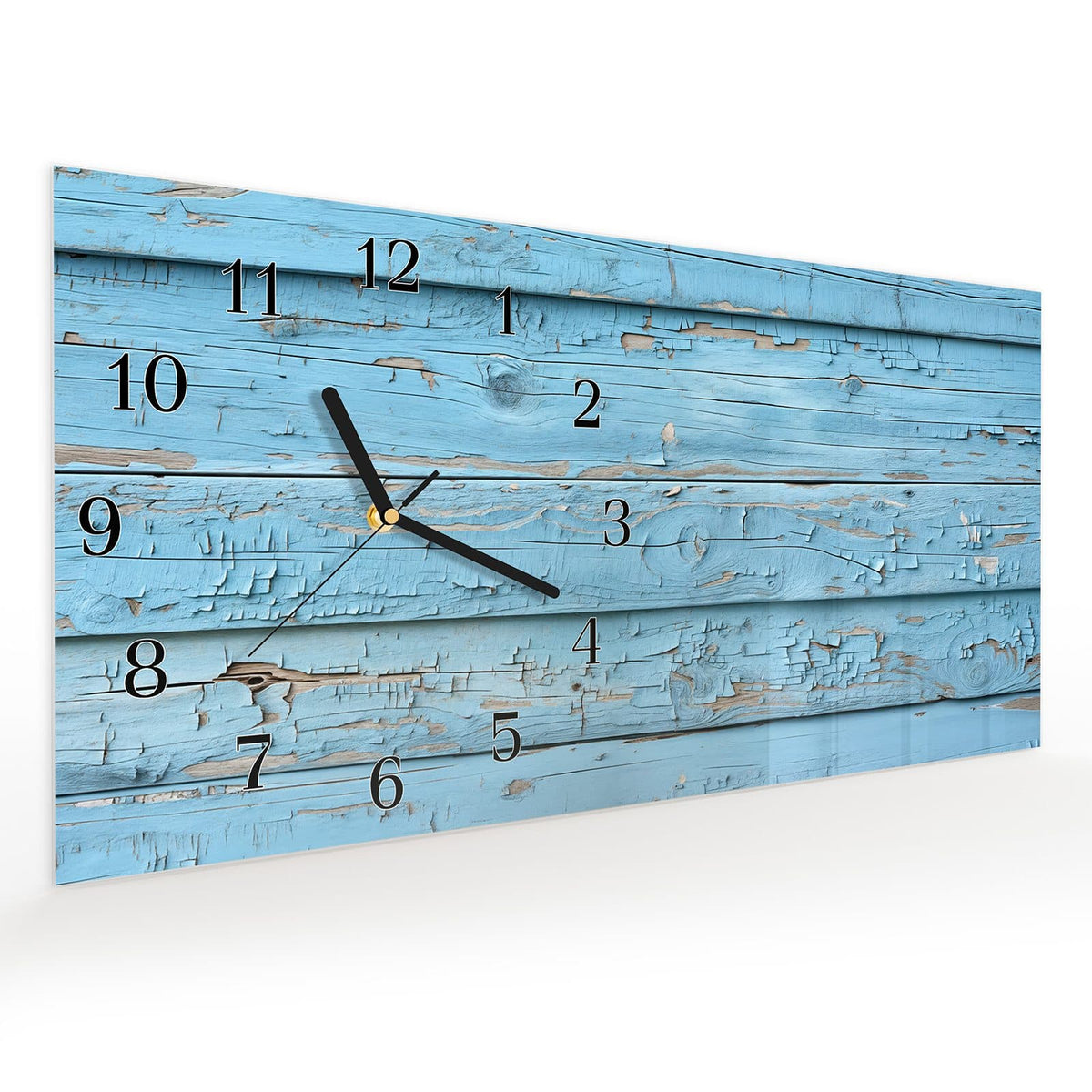 Vormontiert – mit Schwebeeffekt – Wanduhr Blaues Vintage-Holz aus Glas – Querformat 60 × 30 cm