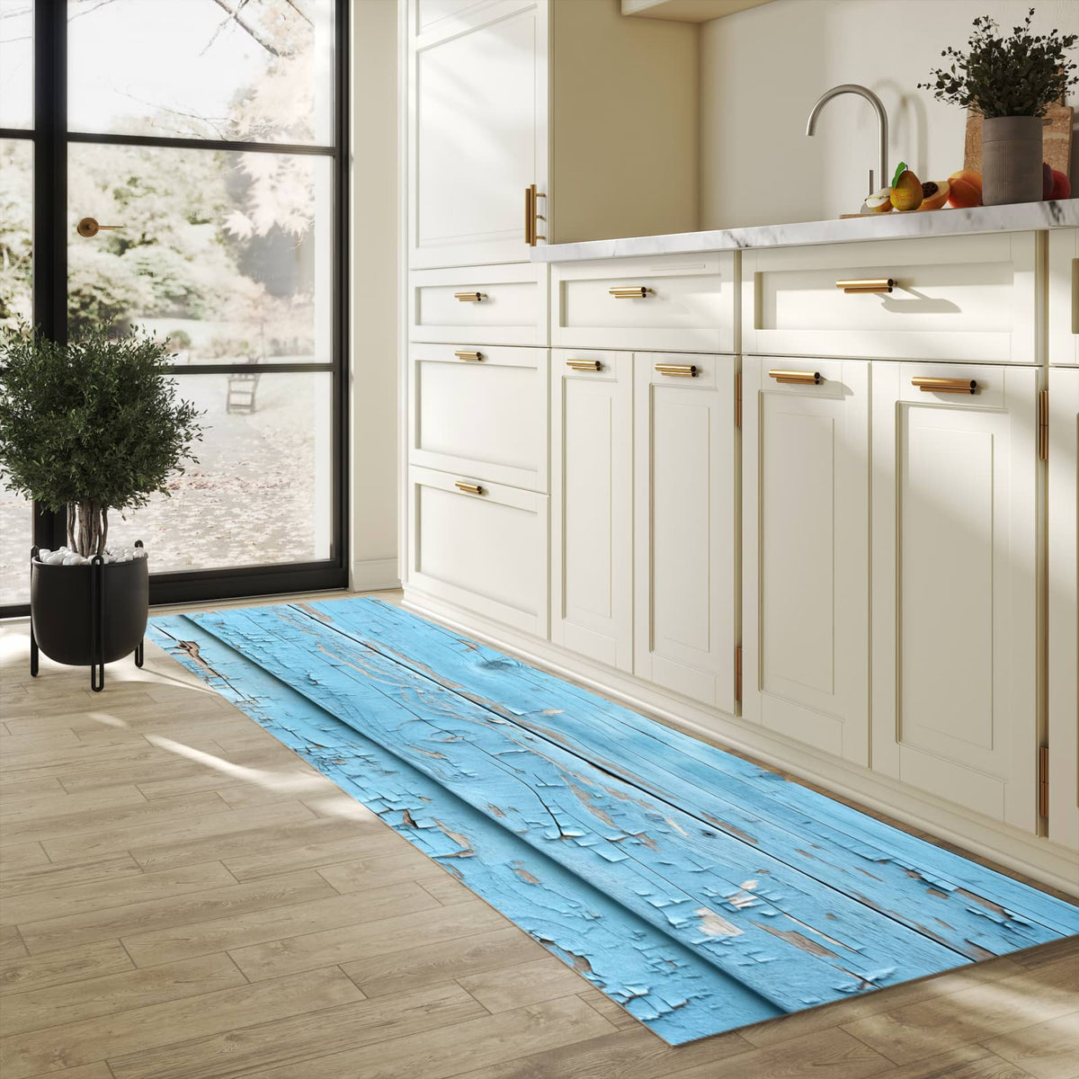 Schmutzabweisender Teppichläufer mit Motiv Altes Holzblau in heller Küche