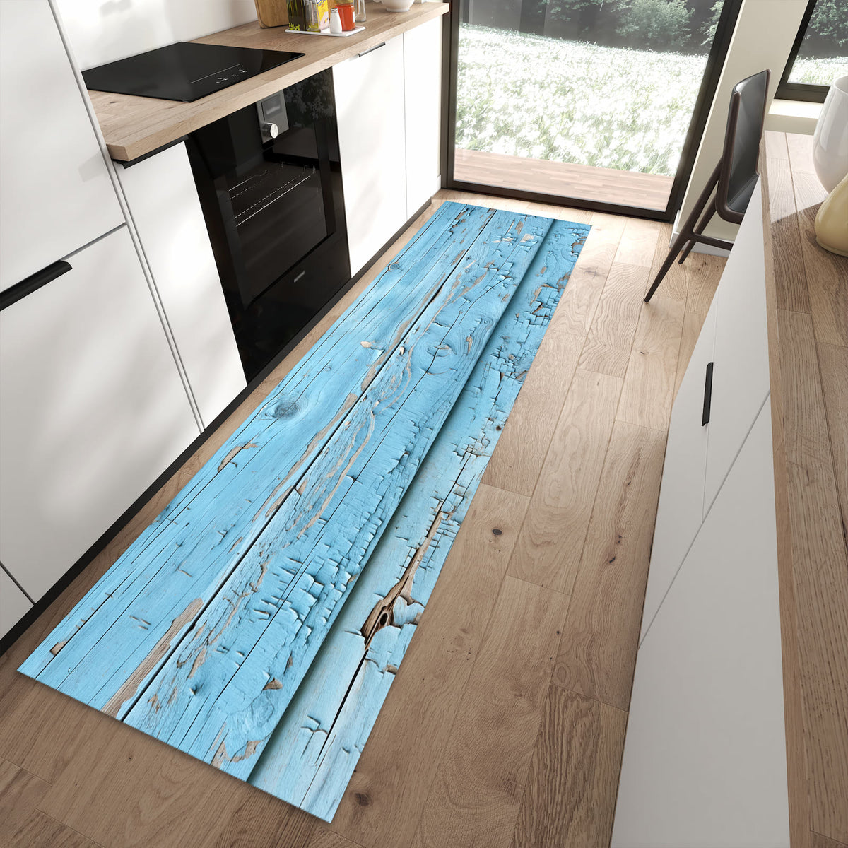 Komfortabler Küchenläufer mit Motiv Altes Holzblau in moderner Küche