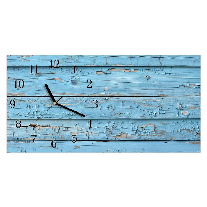 Wanduhr Blaues Vintage-Holz aus Glas – Querformat 60 × 30 cm mit Ziffernblatt Klassisch