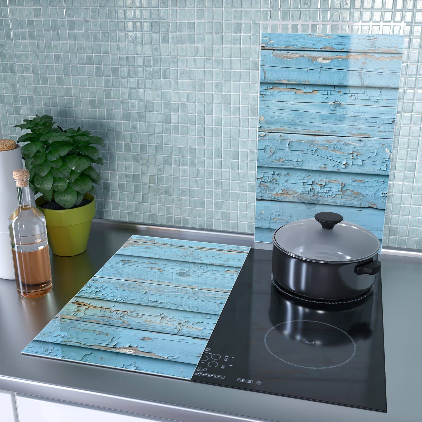 2-teilige Abdeckplatten für Herd mit Blaues Vintage-Holz-Motiv als Spritzschutz hinter dem Kochfeld