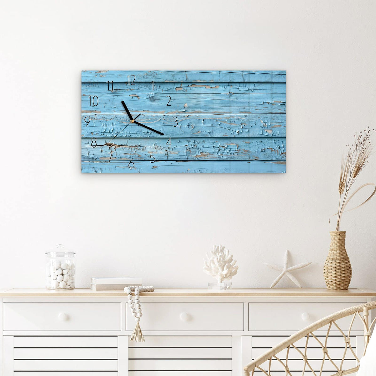 Wanduhr Blaues Vintage-Holz aus Glas – Querformat 60 × 30 cm – Himmelblaue Planken mit abgeplatzter Farbe