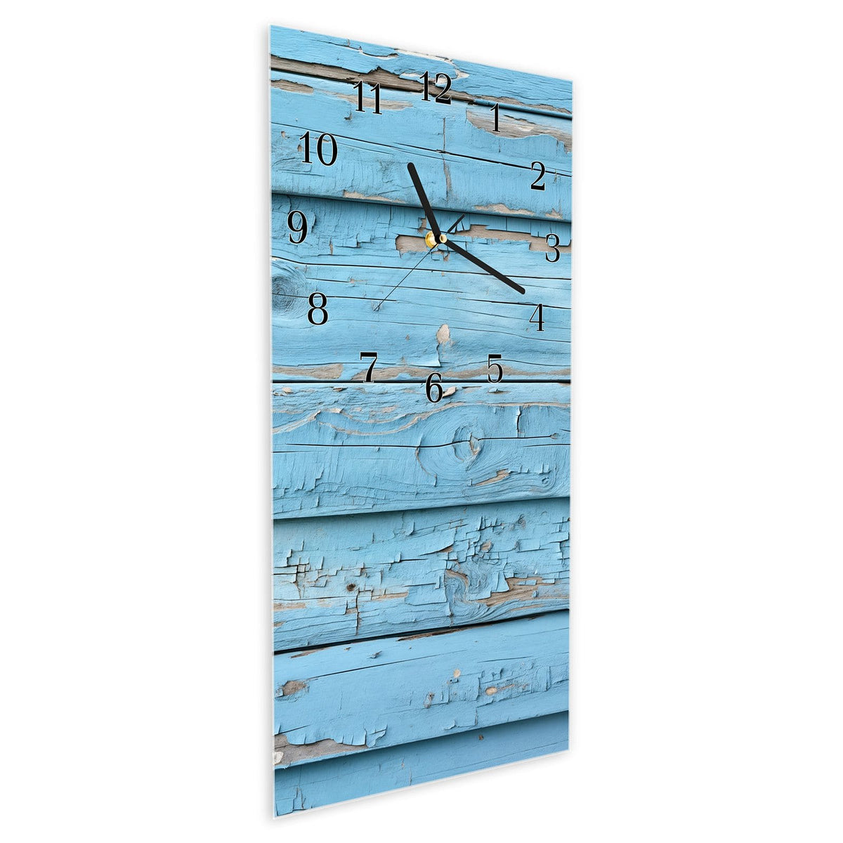 Vormontiert – mit Schwebeeffekt – Wanduhr Blaues Vintage-Holz aus Glas – Hochformat 30 × 60 cm