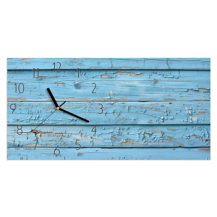Wanduhr Blaues Vintage-Holz aus Glas – Querformat 60 × 30 cm mit Ziffernblatt Elegant