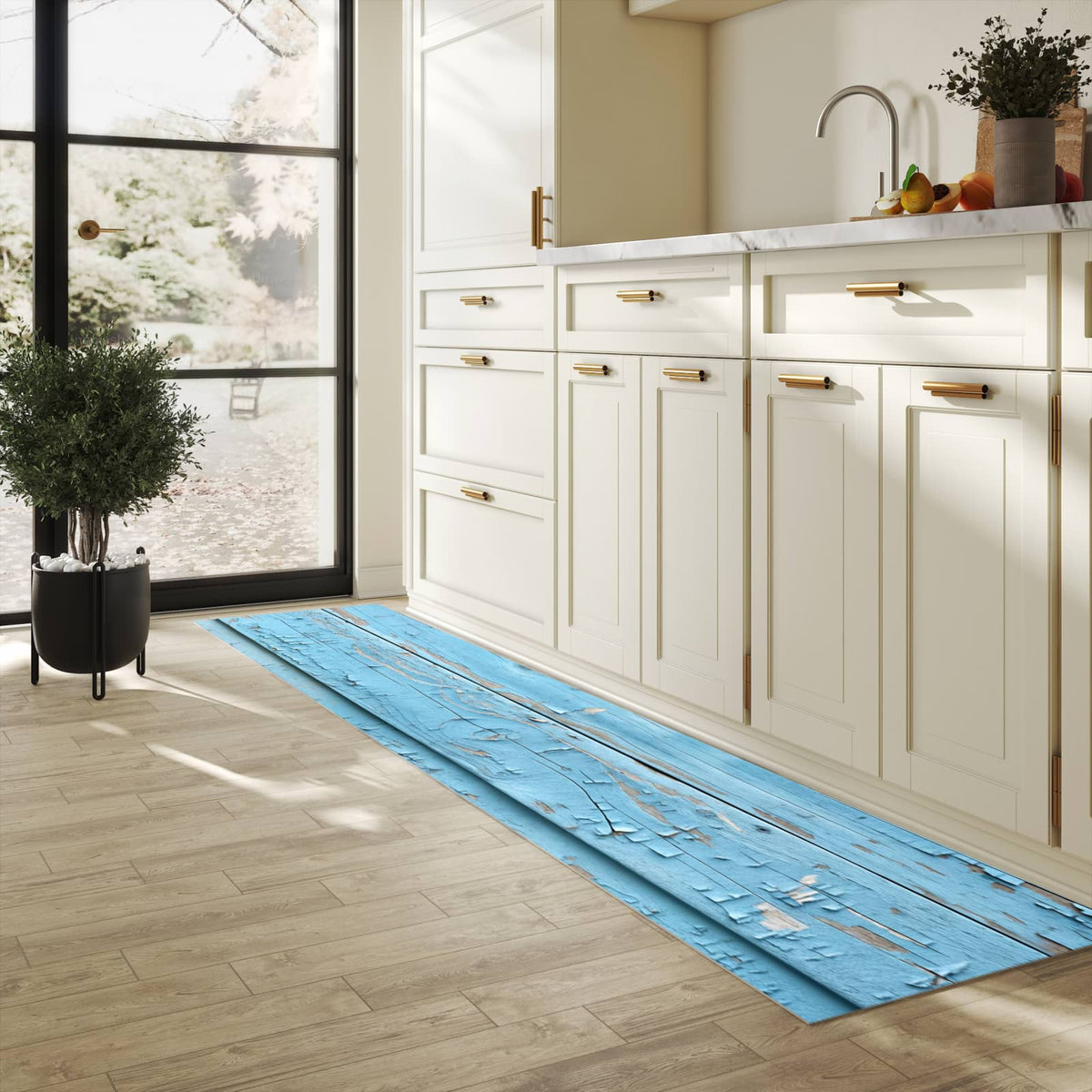 Abriebfester Küchenläufer mit Motiv Altes Holzblau in heller Küche