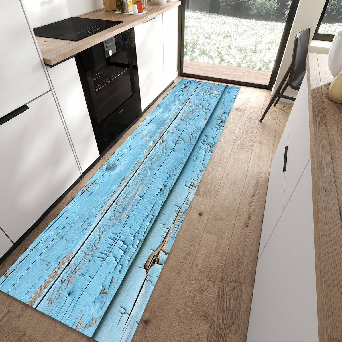 Wasserabweisender Küchenläufer mit Motiv Altes Holzblau in moderner Küche