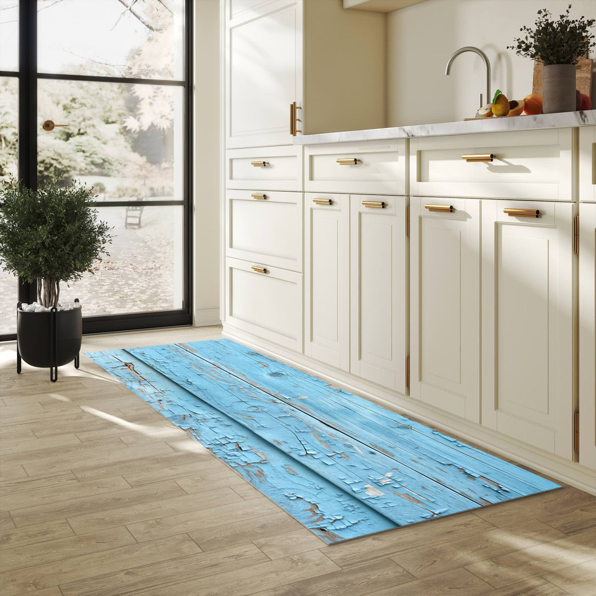 Wasserabweisender Küchenläufer mit Motiv Altes Holzblau in heller Küche