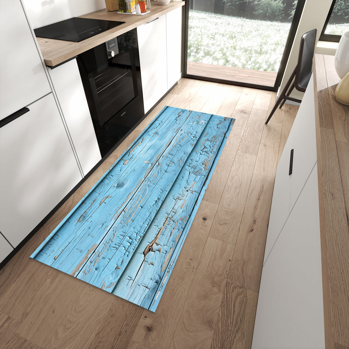 Abriebfester Küchenläufer nach Maß mit Motiv Altes Holzblau in moderner Küche