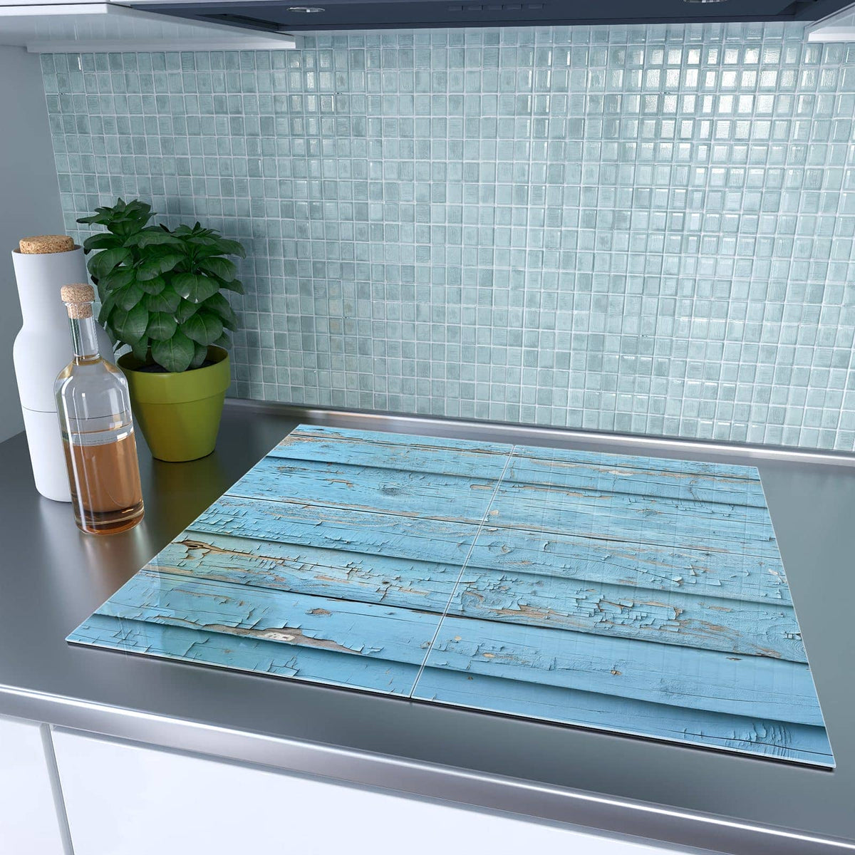 Herdabdeckplatte Blaues Vintage-Holz – Himmelblaue Planken mit abgeplatzter Farbe