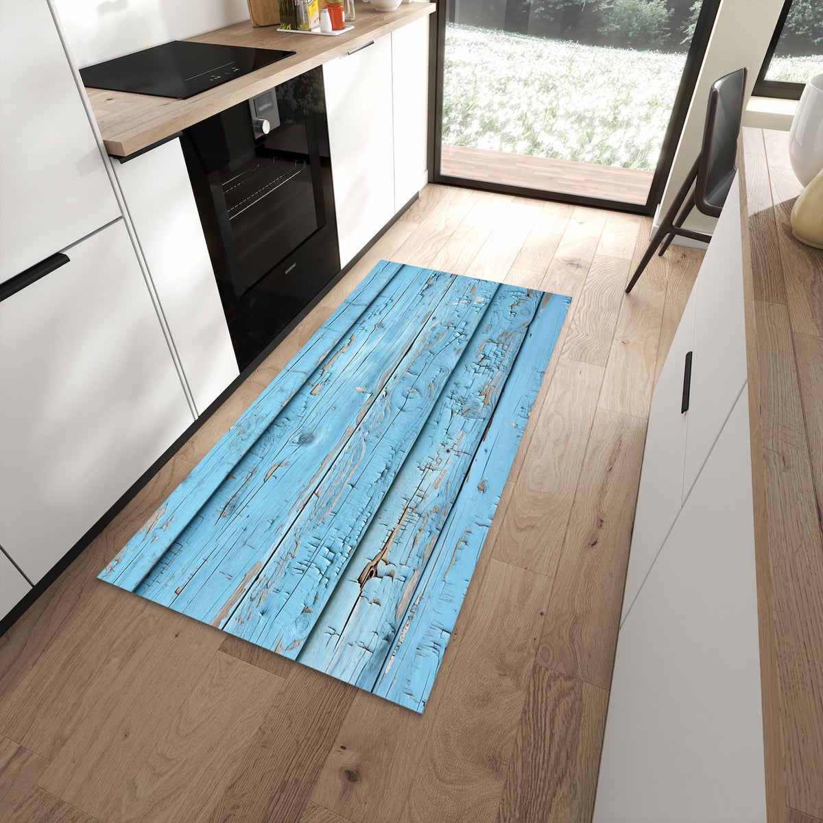 Fleckenresistenter abwaschbarer Küchenteppich mit Motiv Altes Holzblau in moderner Küche