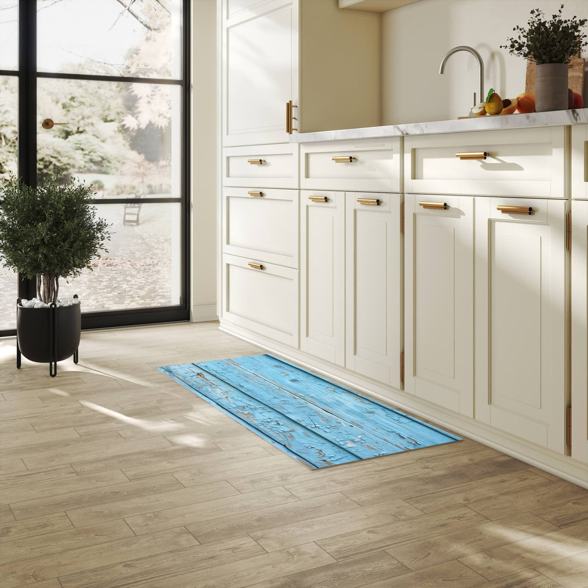 Formstabiler Küchenteppich mit Motiv Altes Holzblau in heller Küche