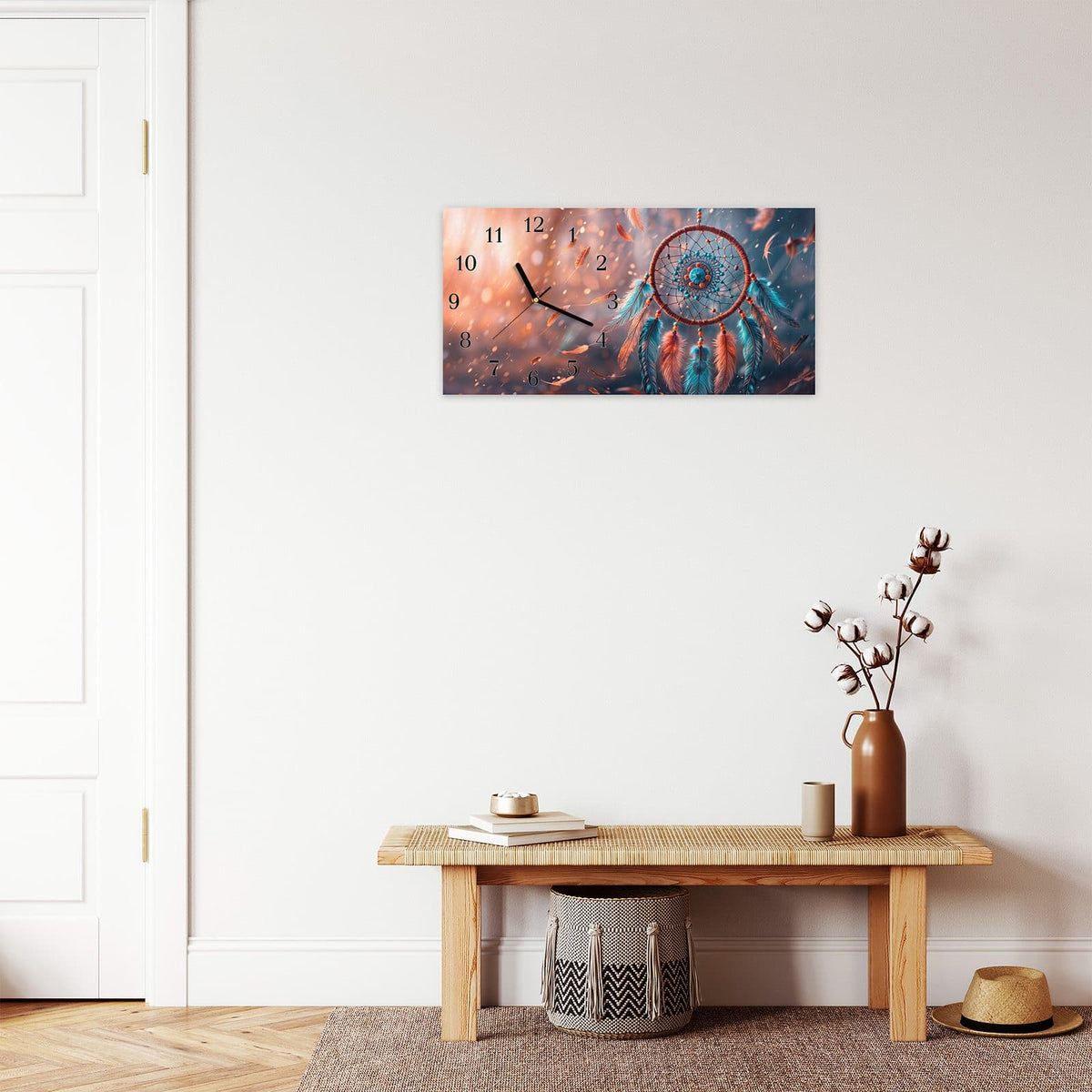 Moderne Wanduhr aus Glas mit Farbtiefe – Wanduhr Traumfänger Federn aus Glas – Querformat 60 × 30 cm