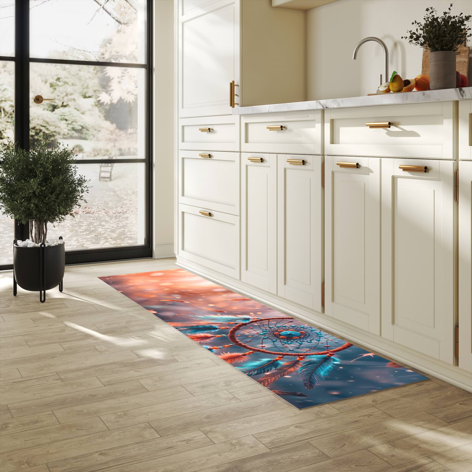 Waschbarer Küchenläufer mit Motiv Traumfänger Federn in heller Küche für angenehme Haptik