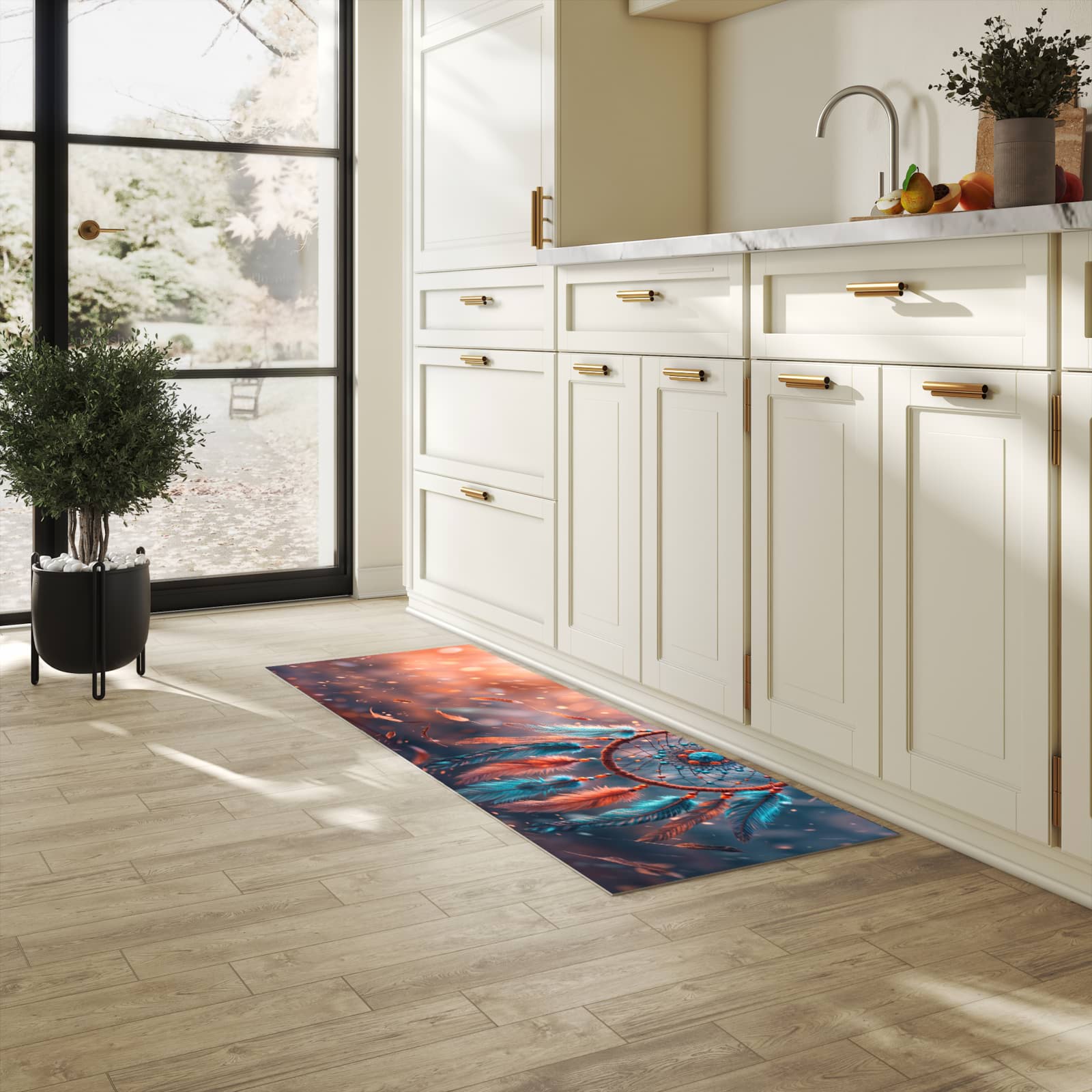 Pflegeleichter Küchenläufer nach Maß mit Motiv Traumfänger Federn in heller Küche