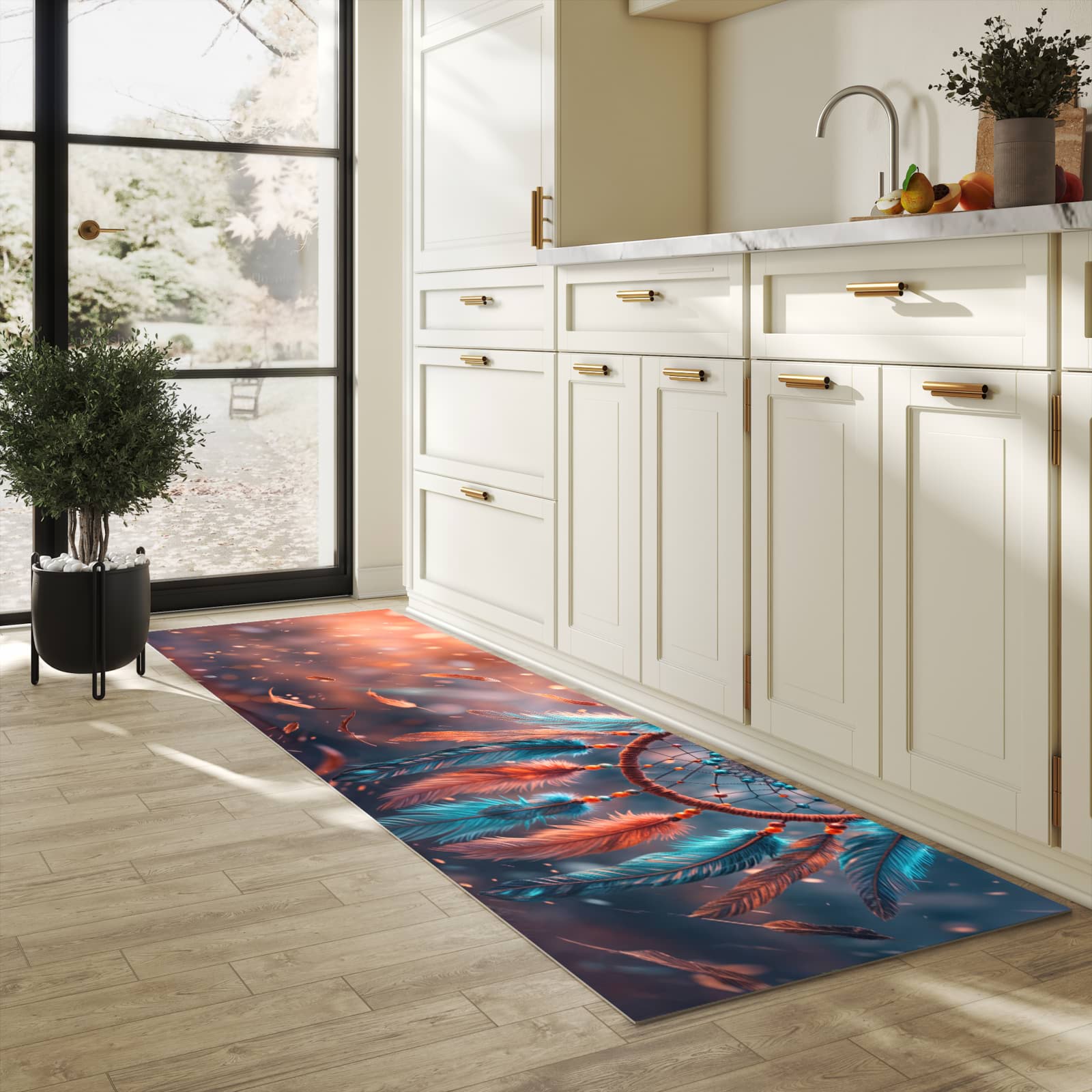Feuchtigkeitsresistenter Teppich für Küche mit Motiv Traumfänger Federn in heller Küche