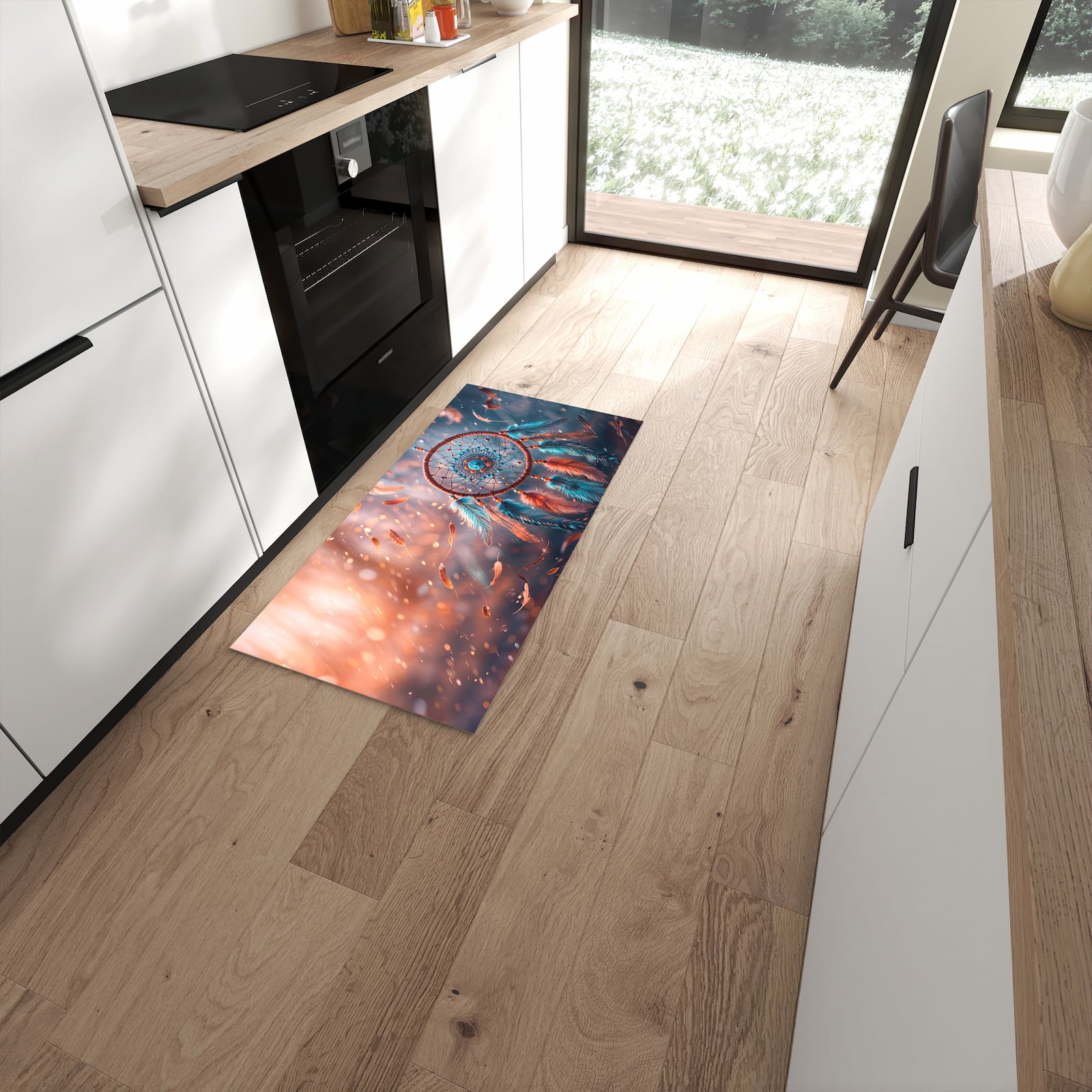 Flacher Bodenläufer mit Motiv Traumfänger Federn in moderner Küche #grösse_60 x 120 cm