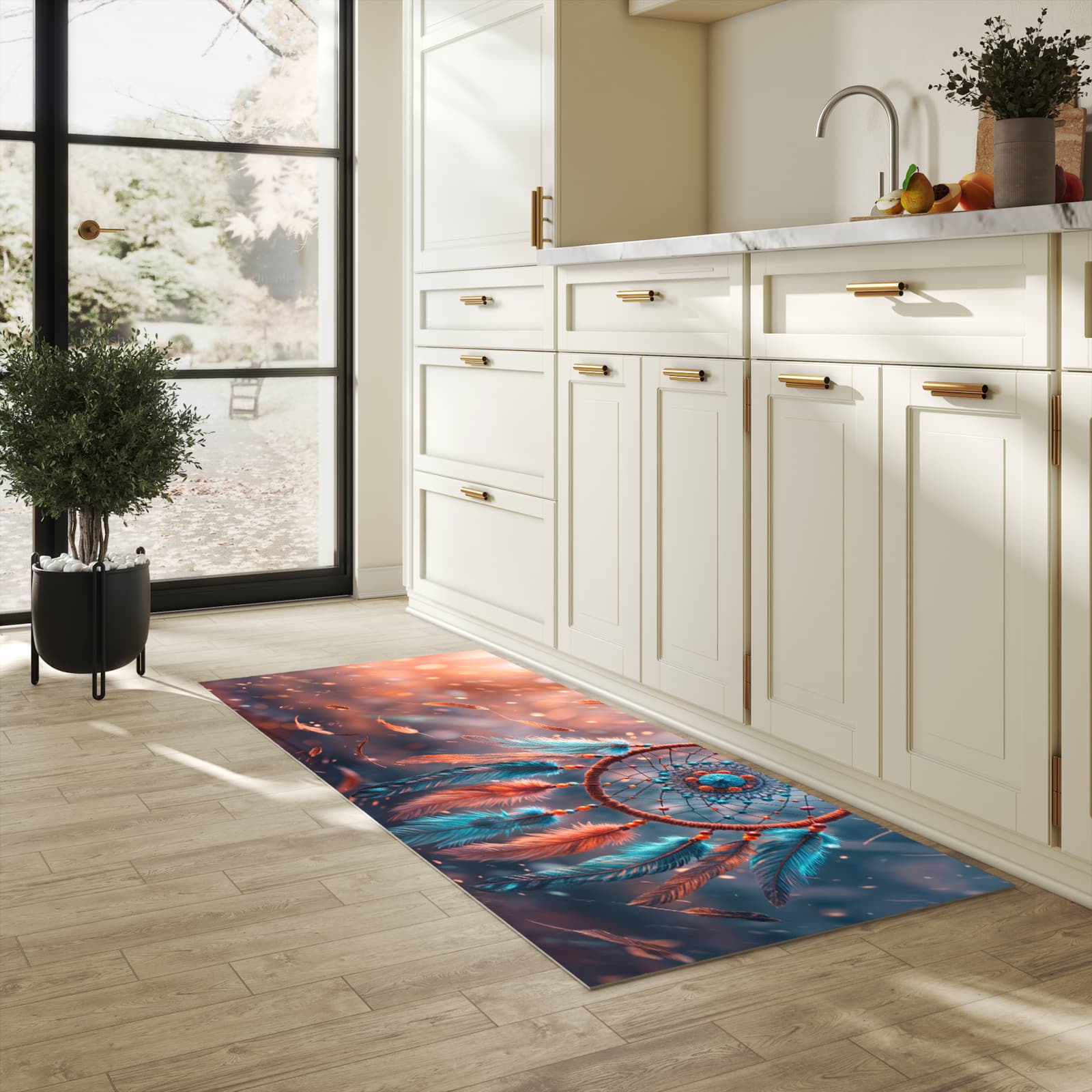 Langlebiger Küchenläufer mit Motiv Traumfänger Federn in heller Küche