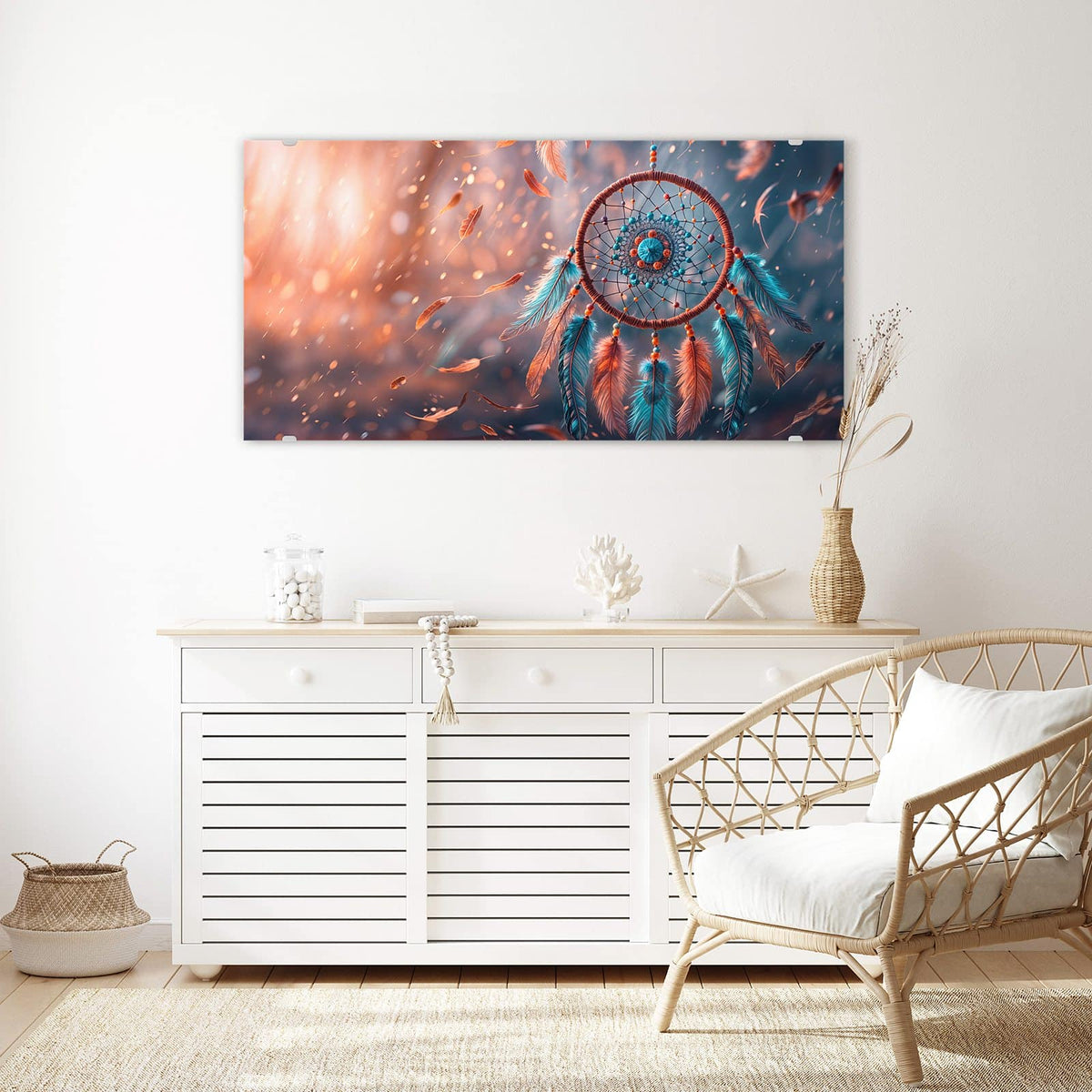 Echtglas, 4 mm – kein Acryl, keine Folie – Wandbild - Traumfänger mit Federn - Querformat