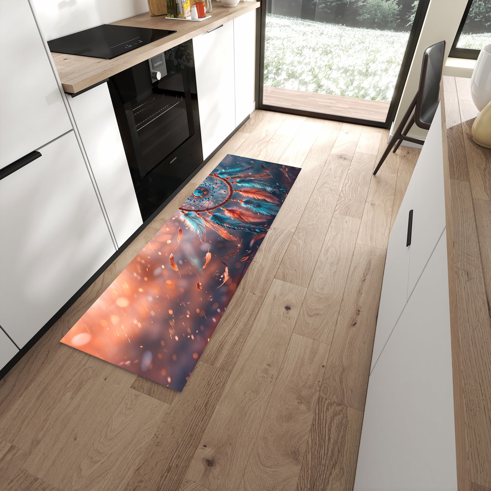Komfortabler waschbarer Küchenteppich mit Motiv Traumfänger Federn in moderner Küche
