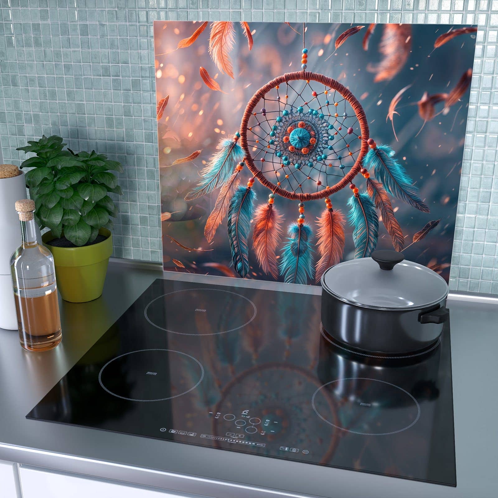 1-teilige Herdabdeckplatten aus Glas mit Traumfänger Federn-Motiv als Spritzschutz hinter dem Kochfeld