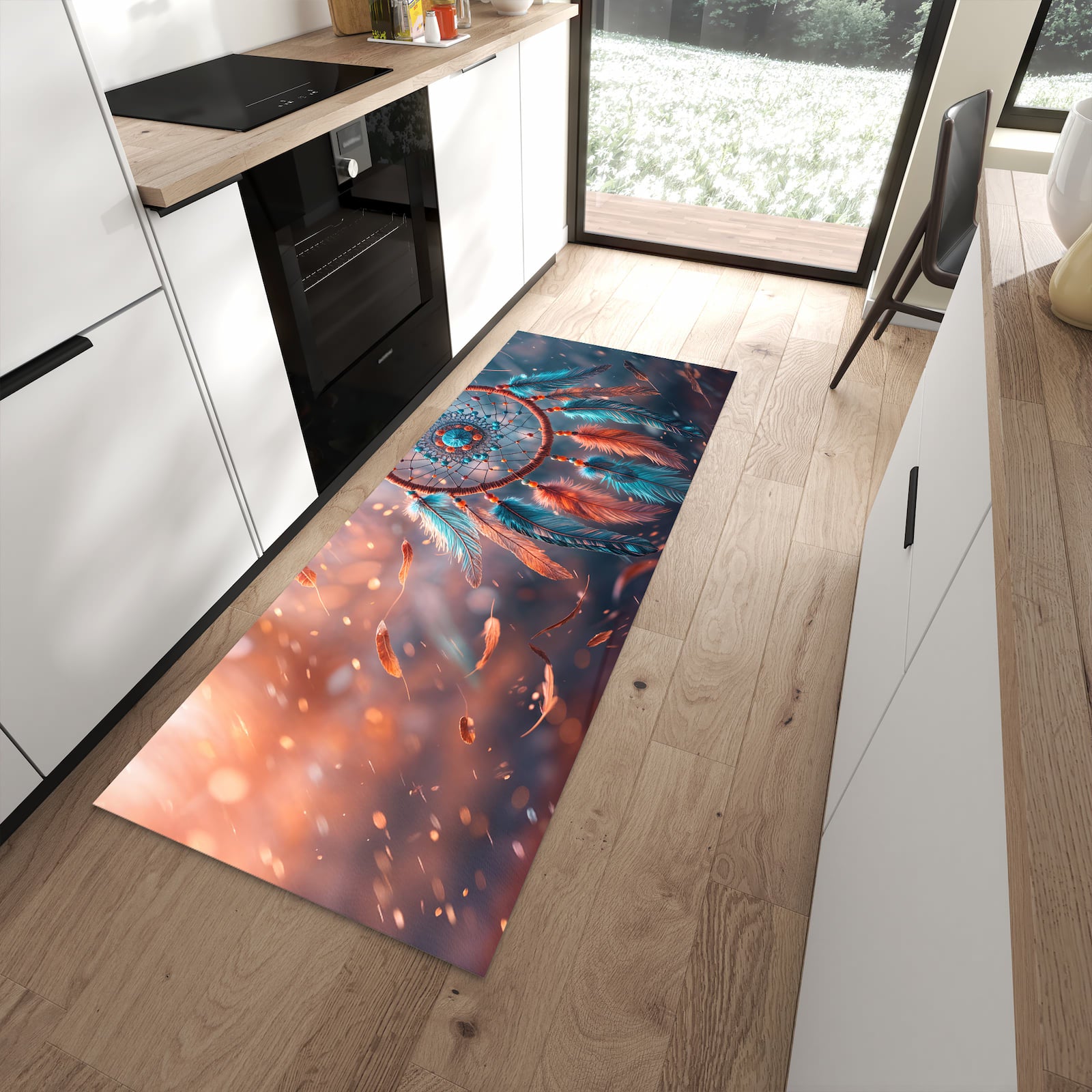Strapazierfähiger waschbarer Küchenteppich mit Motiv Traumfänger Federn in moderner Küche