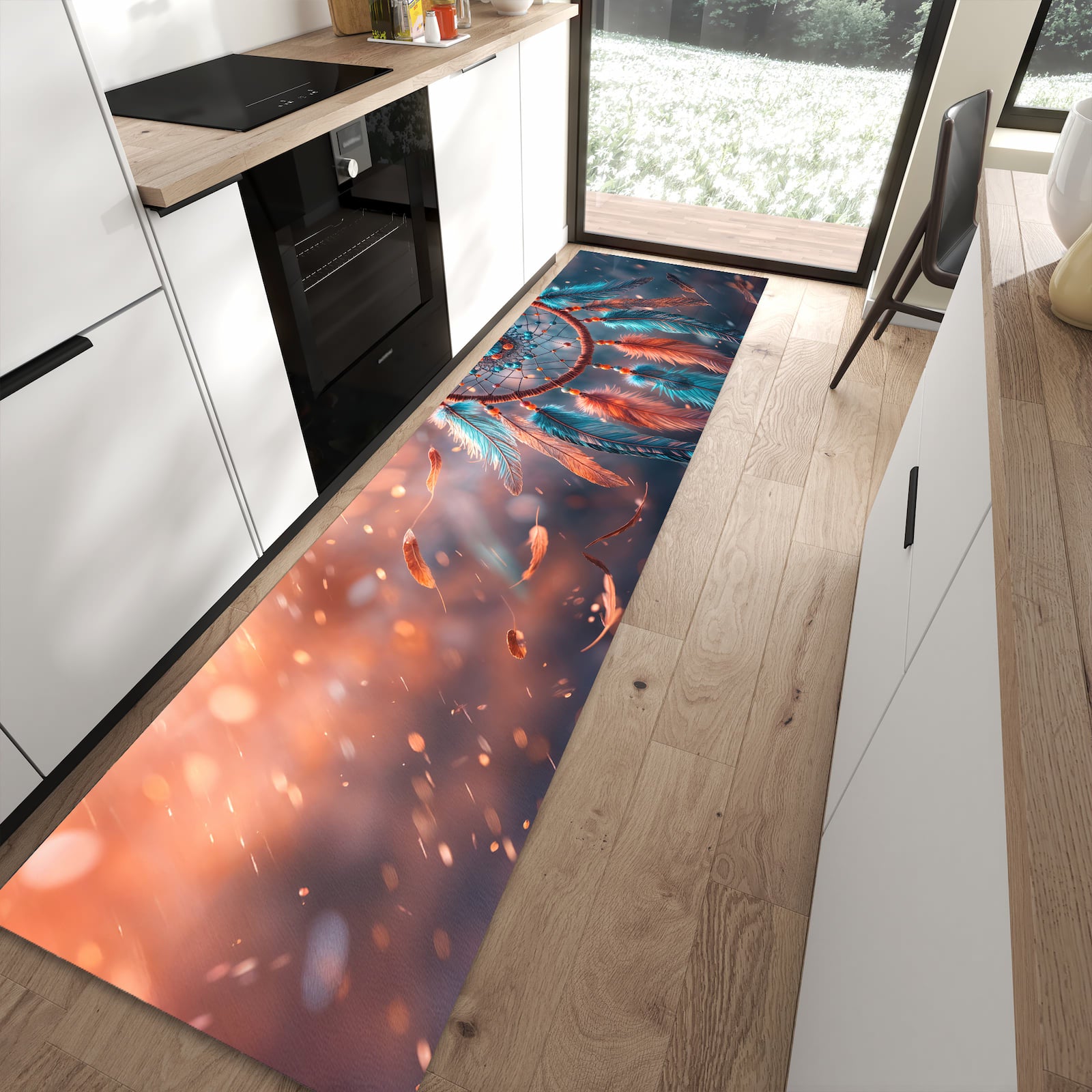Rutschfester Küchenteppich mit Motiv Traumfänger Federn in moderner Küche