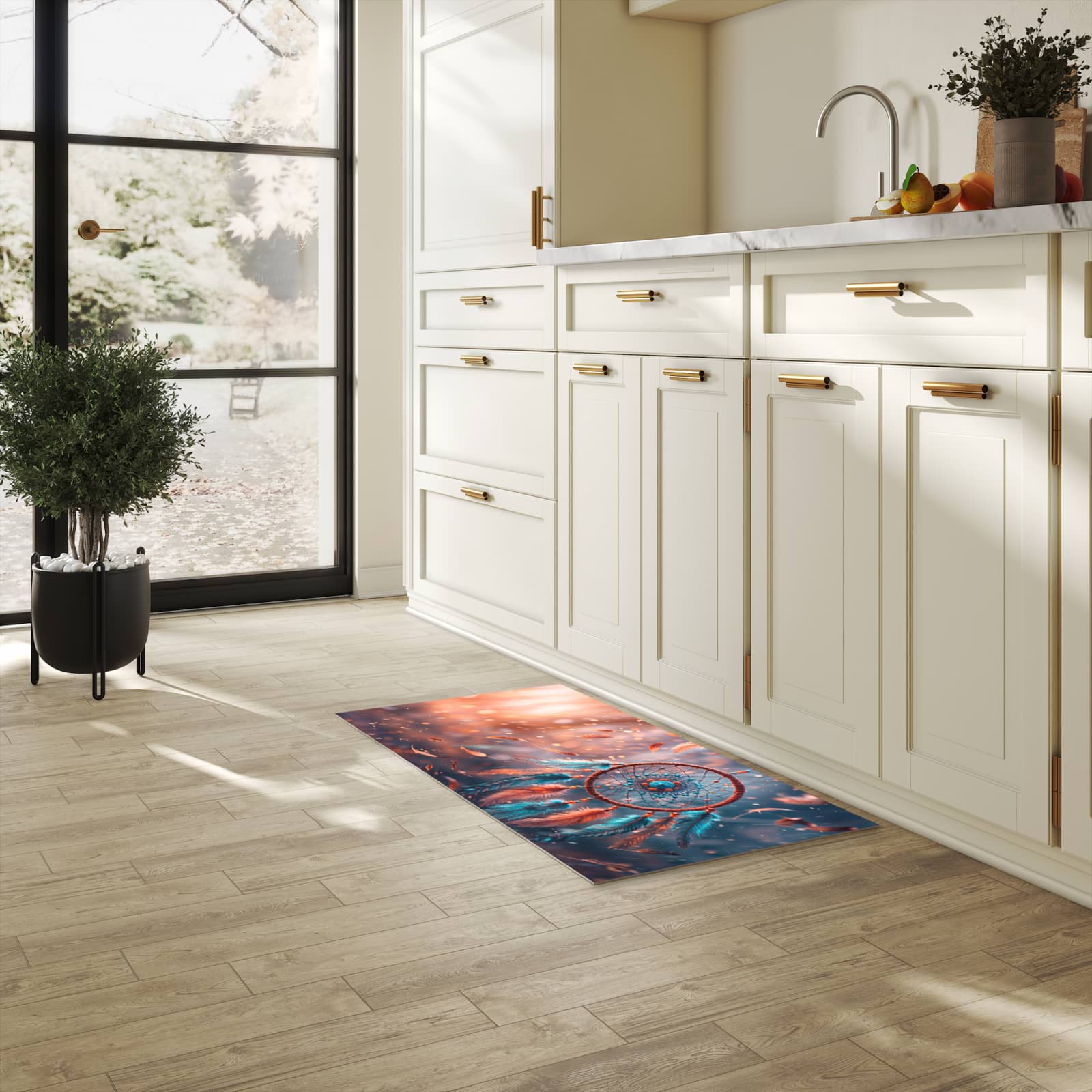 Komfortabler rutschfester Küchenläufer mit Motiv Traumfänger Federn in heller Küche