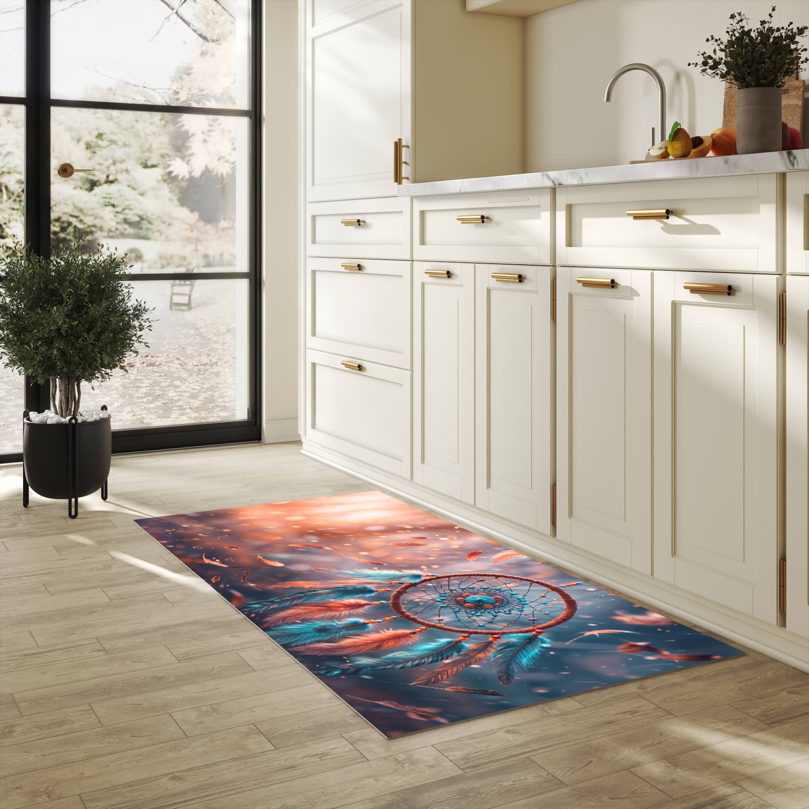 Küchenteppich mit Motiv Traumfänger Federn für Ordnung in heller Küche
