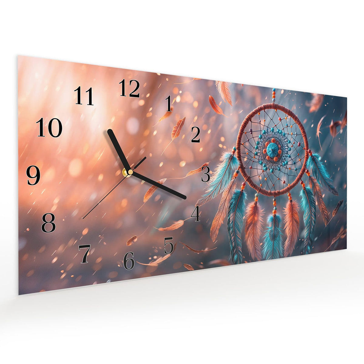 Vormontiert – mit Schwebeeffekt – Wanduhr Traumfänger Federn aus Glas – Querformat 60 × 30 cm