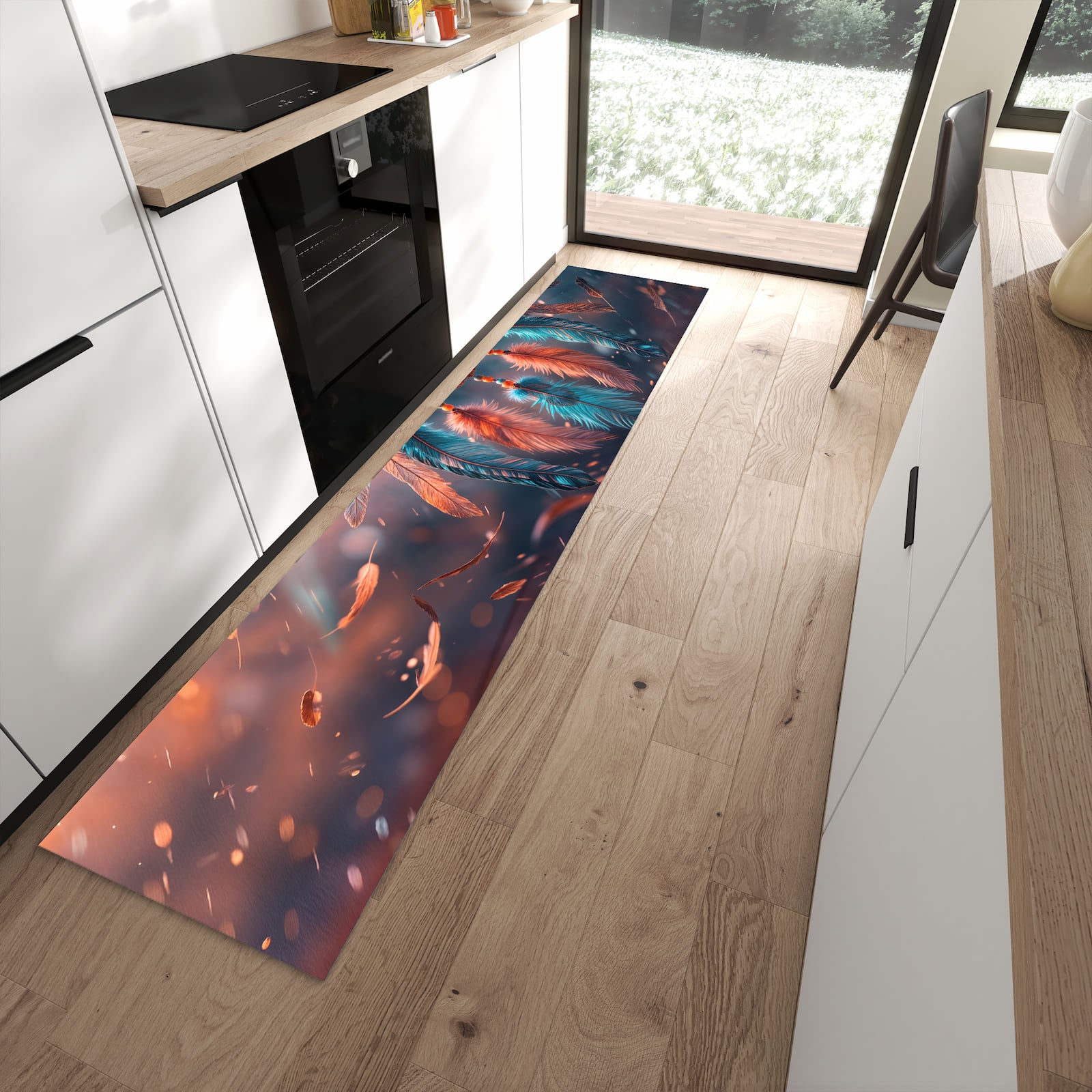 Rutschfester Küchenteppich mit Motiv Traumfänger Federn in moderner Küche - leicht zu reinigen