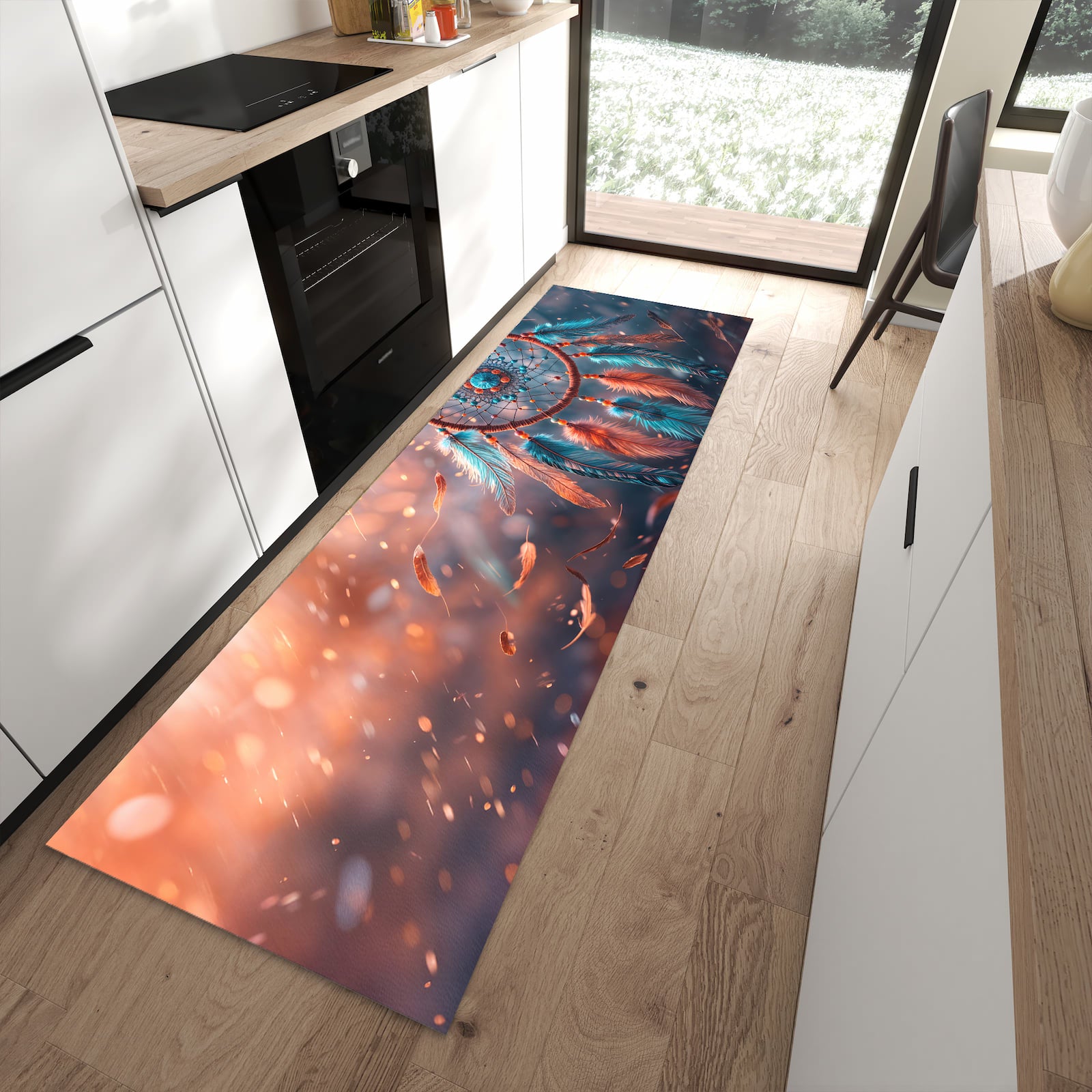 Waschbarer großer Küchenteppich mit Motiv Traumfänger Federn in moderner Küche