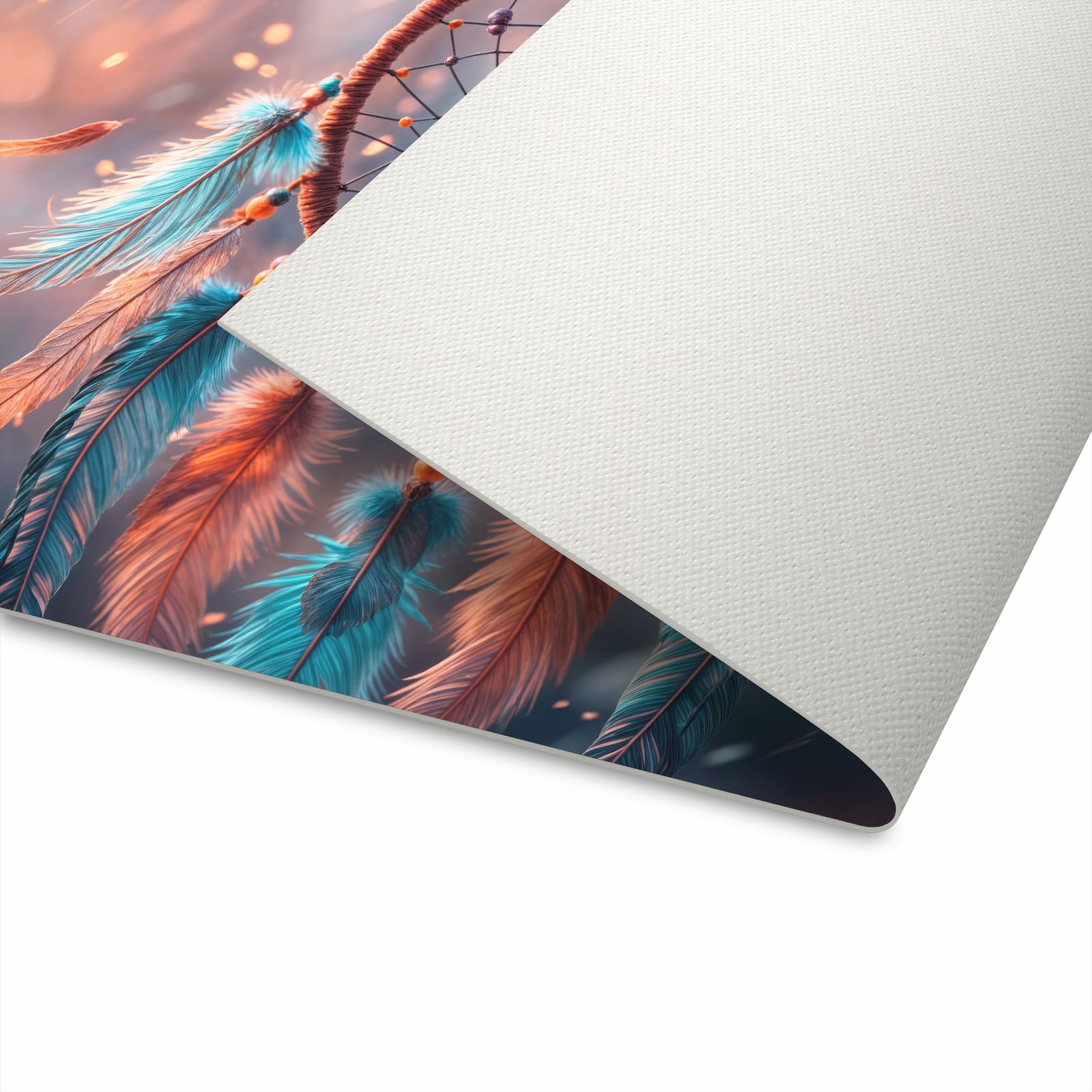 Geräuschdämpfender dünner Teppich mit Motiv Traumfänger Federn waschbar in der Unterseite