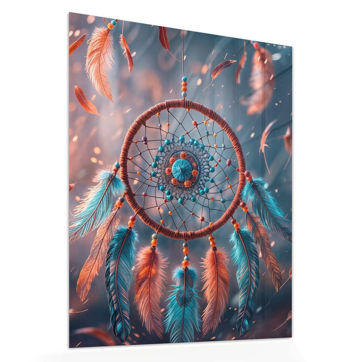 Echtglas, 4 mm – kein Acryl, keine Folie – Wandbild - Traumfänger mit Federn - Hochformat