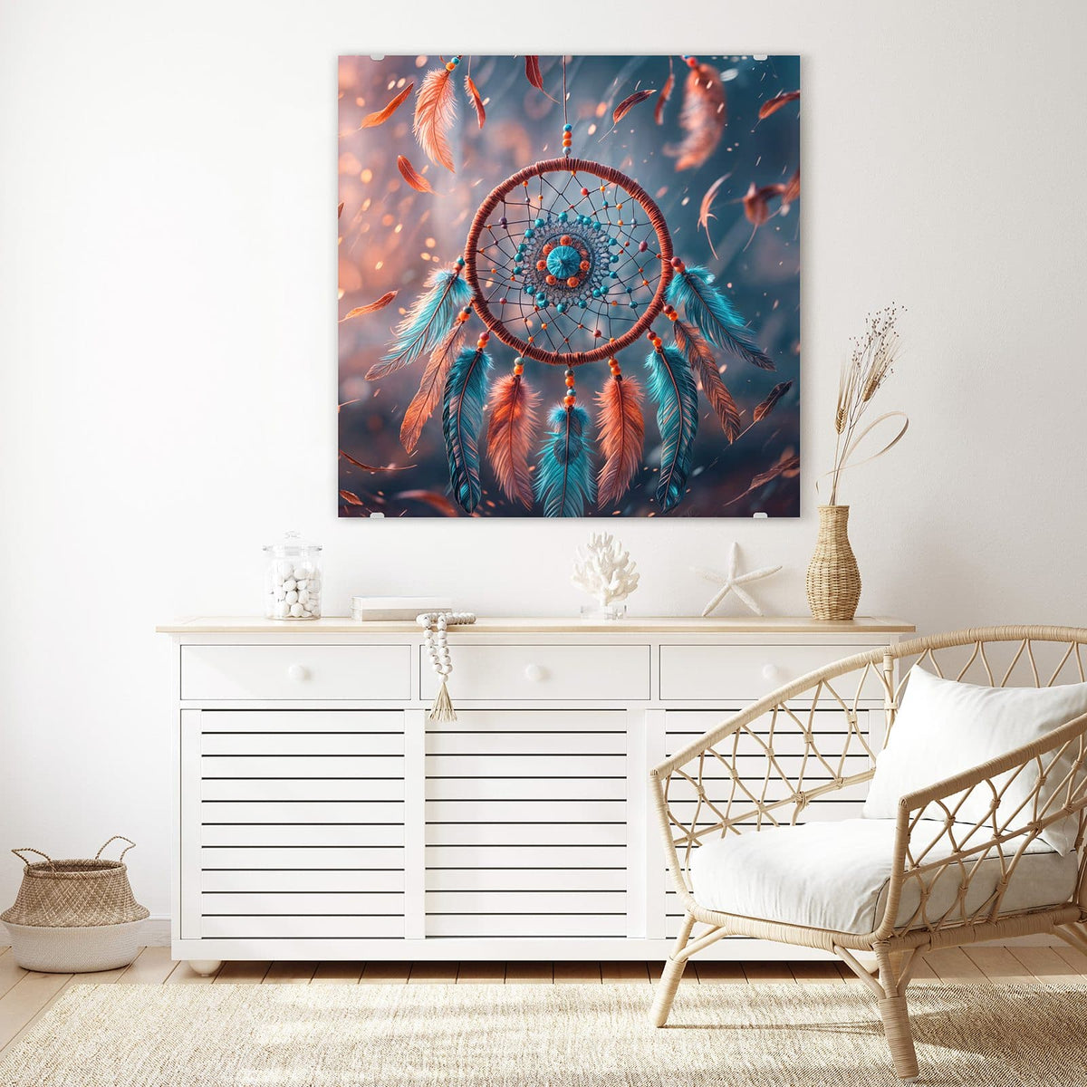 Echtglas, 4 mm – kein Acryl, keine Folie – Wandbild - Traumfänger mit Federn - Quadratisch