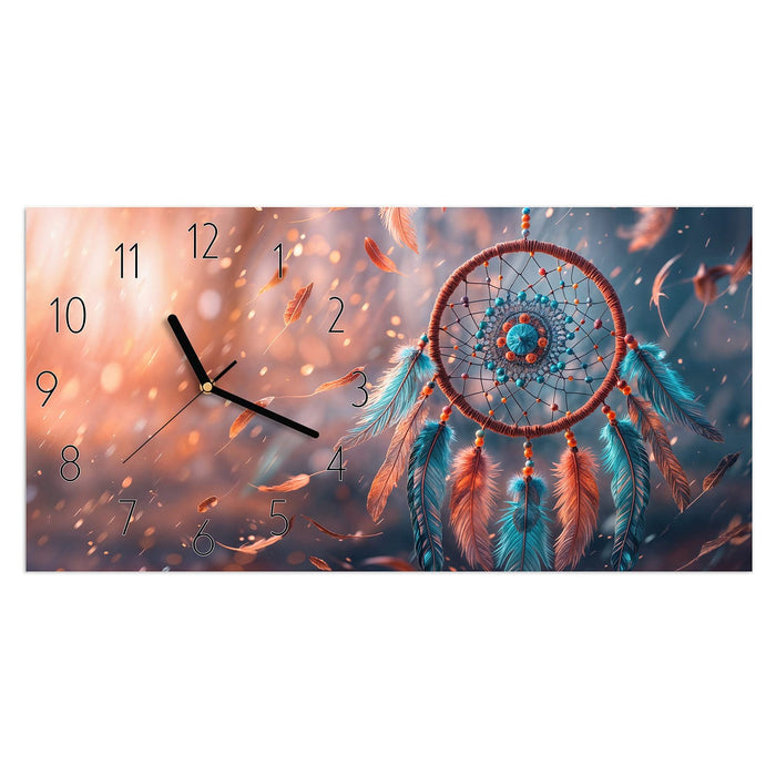 Wanduhr Traumfänger Federn aus Glas – Querformat 60 × 30 cm mit Ziffernblatt Elegant