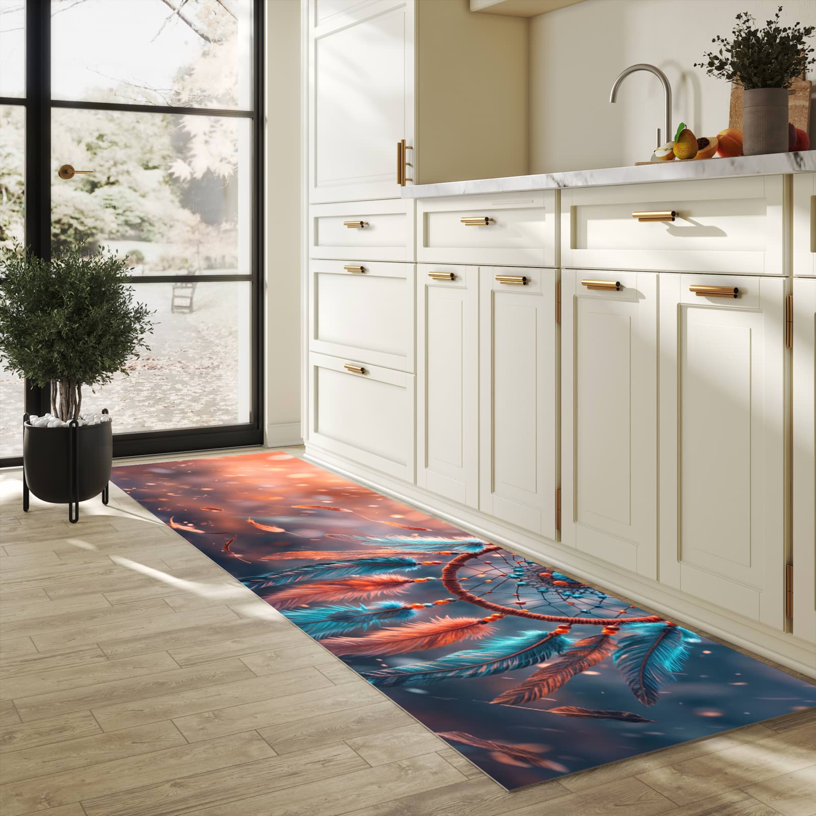 Bodenschonender Küchenteppich mit Motiv Traumfänger Federn in heller Küche