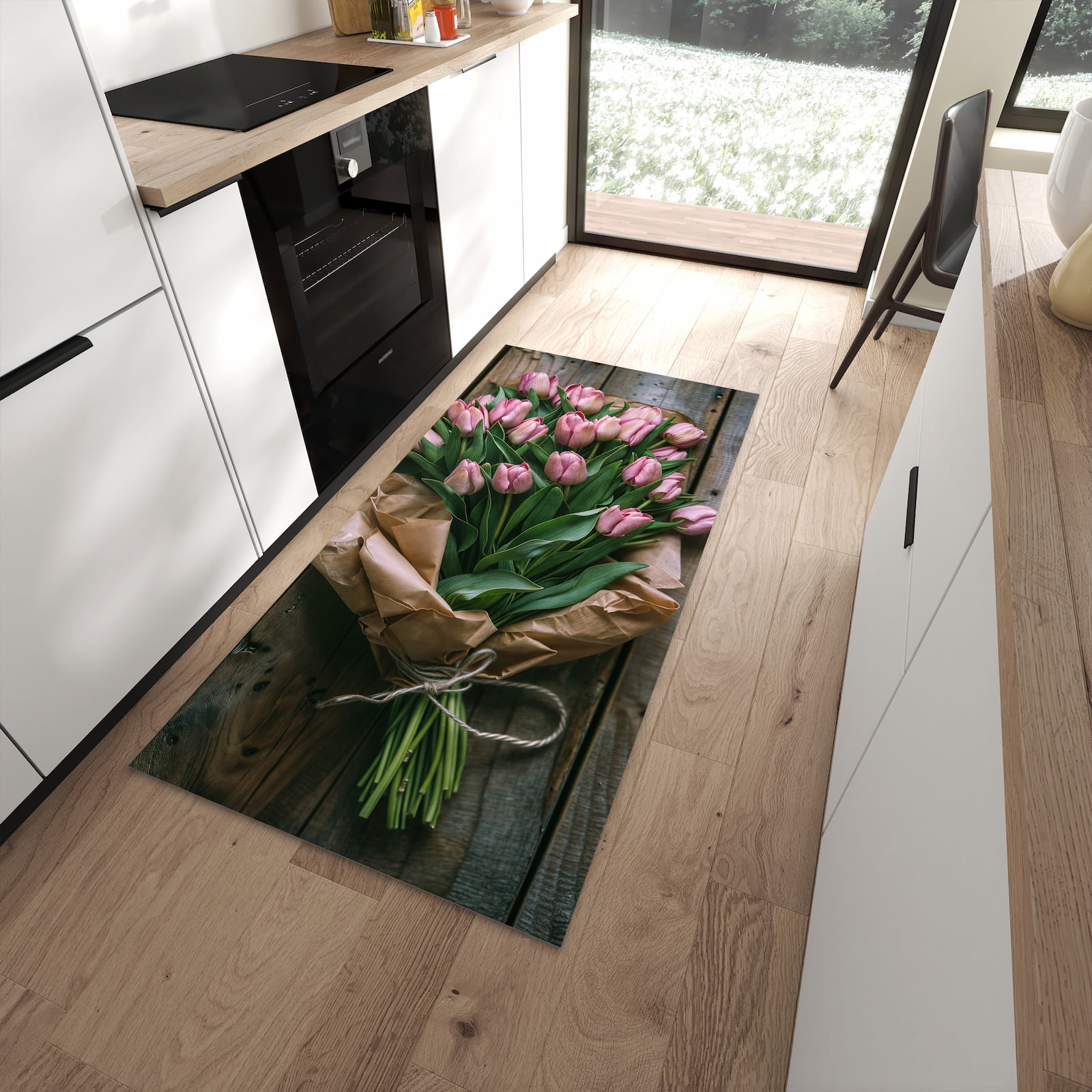 Geruchsneutraler rutschfester Küchenteppich mit Motiv Rosa Tulpenstrauss in moderner Küche